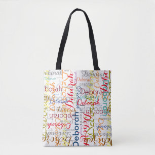 typography pattern of colourful names on white tote bag