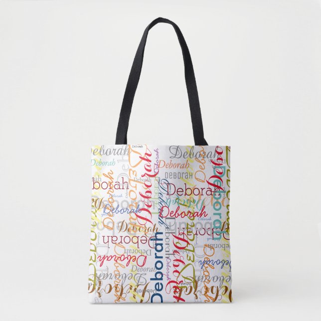 typography pattern of colourful names on white tote bag (Front)