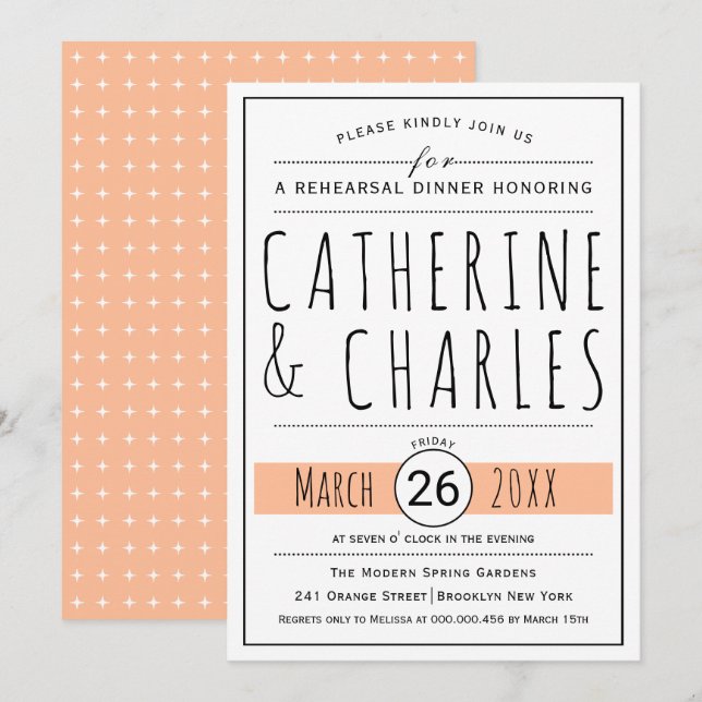 Typography peach wedding rehearsal dinner invitation (Front/Back)