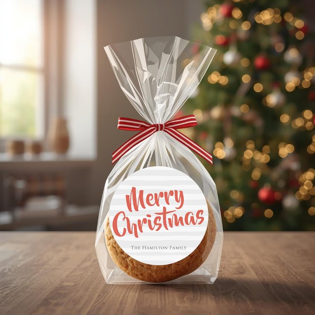 Typography Personalised Christmas Grey and Orange Classic Round Sticker (Typography Personalized Christmas Grey and Orange Classic Round Sticker by Ricaso. Ideal for gifting)