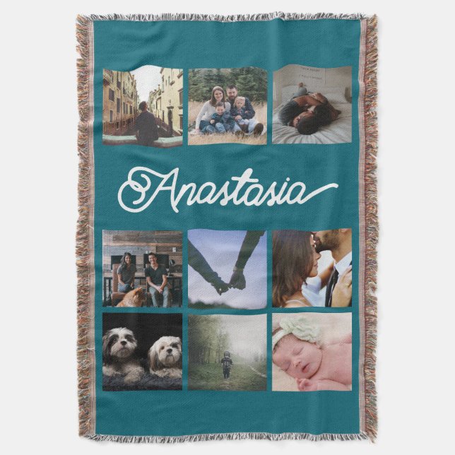 Typography Personalised Photo Collage Throw Blanket (Front Vertical)
