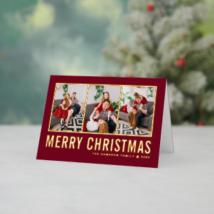 Typography Photo Collage Burgundy Christmas Foil Holiday Card