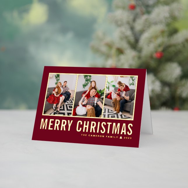 Typography Photo Collage Burgundy Christmas Foil Holiday Card (Holiday In Situ)