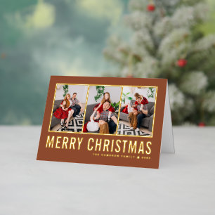 Typography Photo Collage Terracotta Christmas Foil Holiday Card