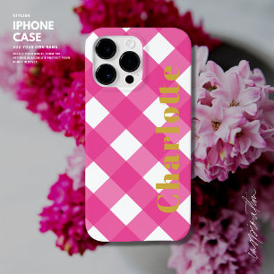 Typography Pink Gingham iPhone Case with Name