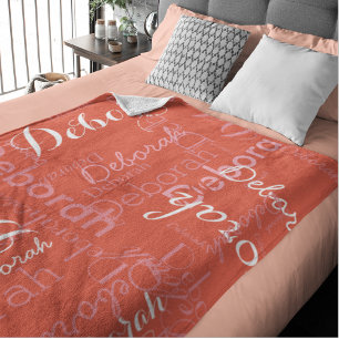 Typography Pink Names on Orange Red Fleece Blanket