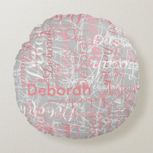 Typography Pinkish Names on Pale Grey Round Pillow