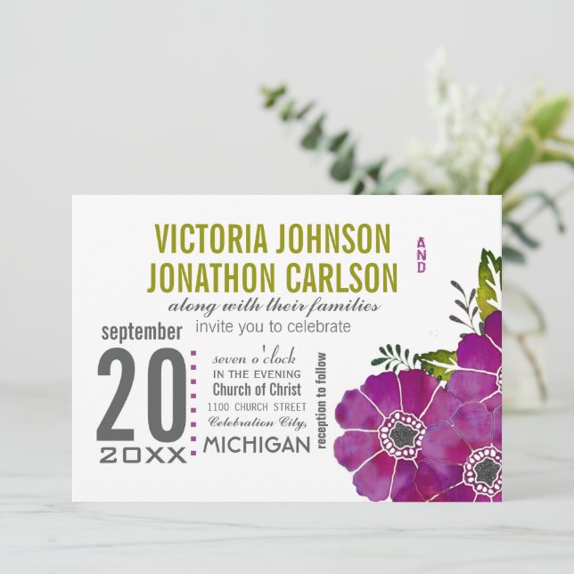 Typography Purple and Kale Green Floral Wedding Invitation (Standing Front)