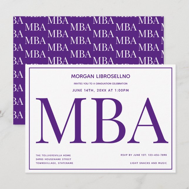 Typography Purple White MBA Graduation Party Invitation (Front/Back)