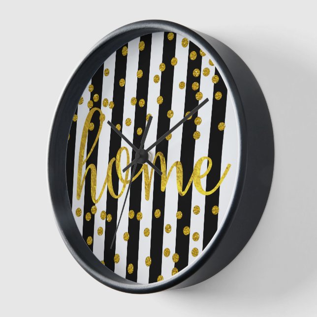 Typography Quotes Home Gold Black and White Stripe Clock (Angle)