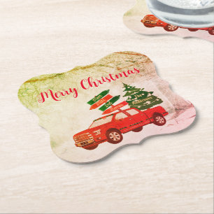 Typography Red Green Truck Rustic Merry Christmas Paper Coaster