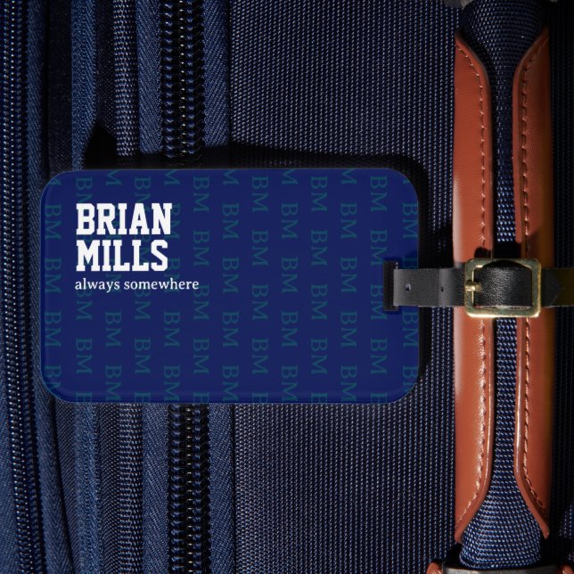 Typography Repeated Initials Blue Luggage Tag (Front Insitu 4)