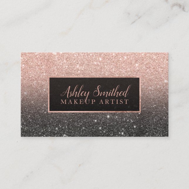 Typography rose gold glitter black ombre makeup business card (Front)