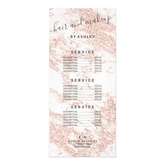typography rose gold glitter marble hair makeup rack card (Front)