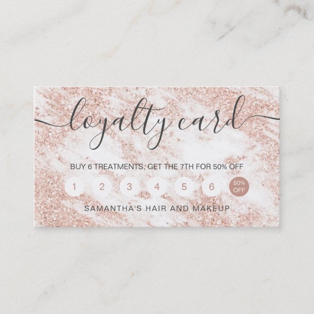 typography rose gold glitter white marble loyalty card (Front)
