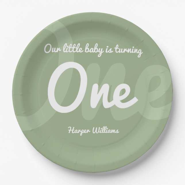 Typography Sage 1st Baby First Birthday Paper Plate (Front)