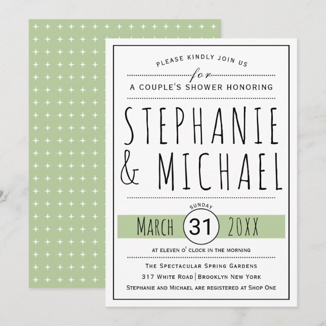 Typography sage green wedding couple's shower invitation (Front/Back)