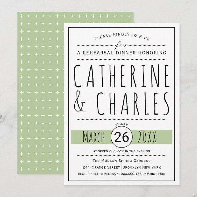 Typography sage green wedding rehearsal dinner invitation (Front/Back)