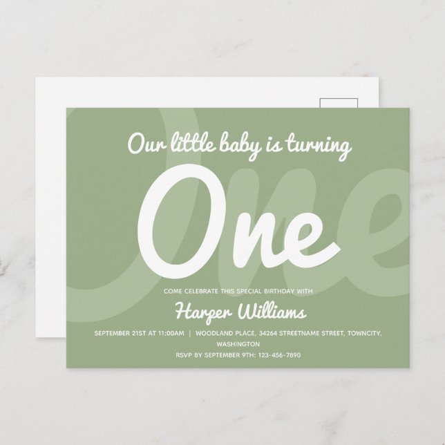 Typography Sage One Baby First Birthday Invitation Postcard (Front/Back)