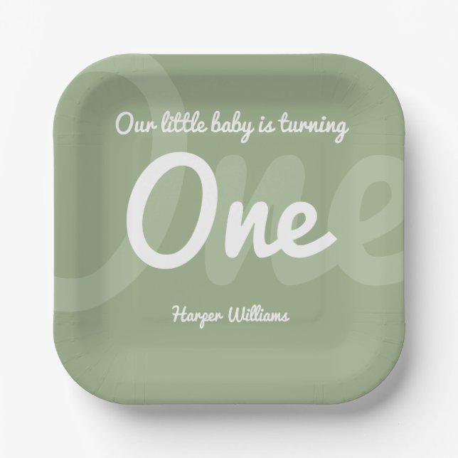 Typography Sage One Baby First Birthday Paper Plate (Front)