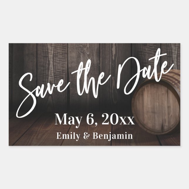 Typography Save the Date Brown Wooden Barrel Rectangular Sticker (Front)