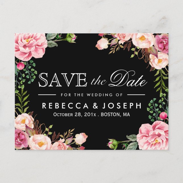 Typography Save the Date Modern Romantic Floral Announcement Postcard (Front)