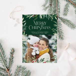 typography script green merry christmas card