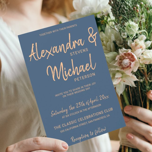 Typography script navy copper metallic wedding invitation (Creator Uploaded)