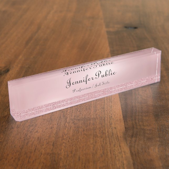 Typography Script Rose Gold Glitter Template Nameplate (Side)