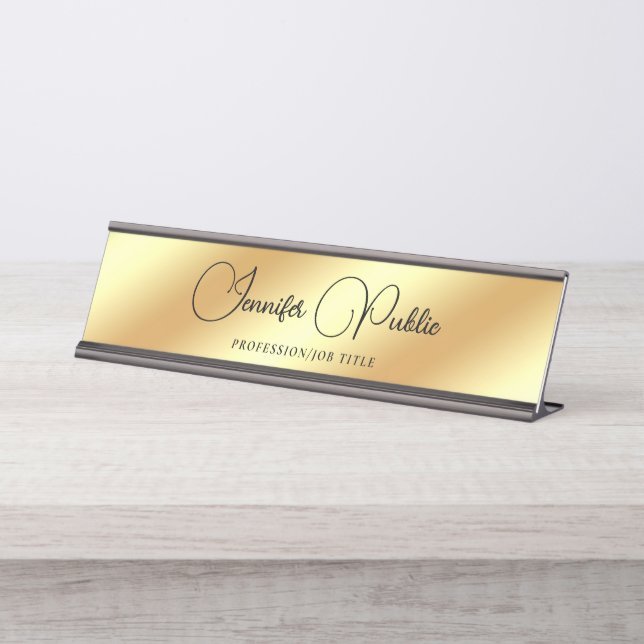 Typography Script Text Modern Elegant Faux Gold Desk Name Plate (Front)