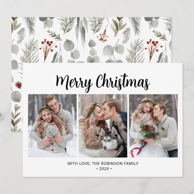 Typography Simple Foliage 3 Multi Photo Christmas Holiday Card (Front/Back)