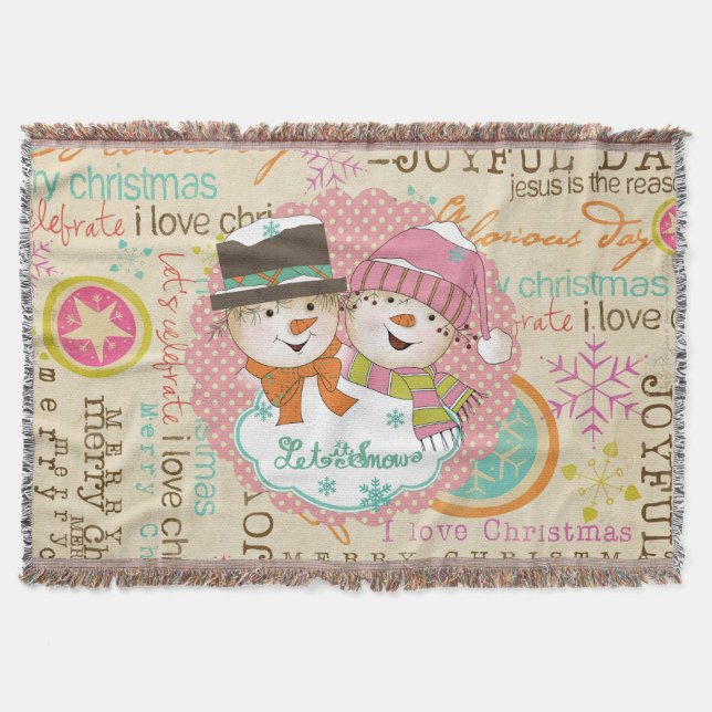 Typography Snowmen Let it Snow Holiday Throw Blanket (Front)
