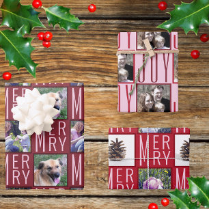 Typography Square Photos Chic Burgundy Red Wrapping Paper Sheet