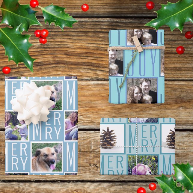 Typography Square Photos Chic Icy Light Blue Wrapping Paper Sheet (Creator Uploaded)