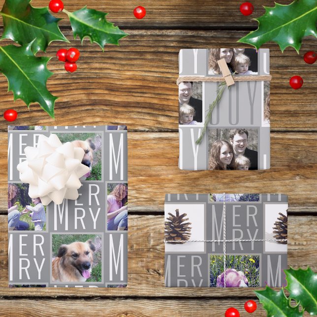 Typography Square Photos Chic Sophisticated Grey Wrapping Paper Sheet (Creator Uploaded)