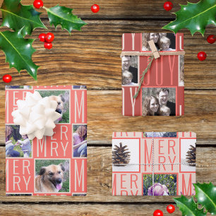 Typography Square Photos Coral Pink Cute Retro Wrapping Paper Sheet