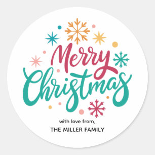 Typography Stars and Snowflakes Merry Christmas Classic Round Sticker