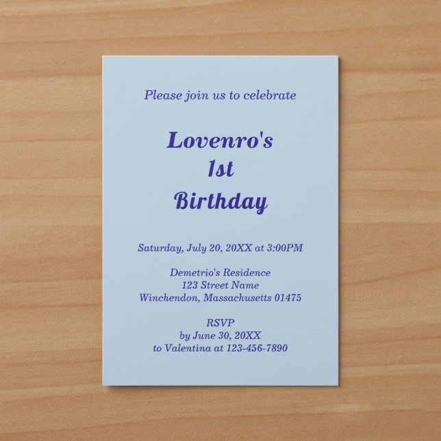 Typography Style Light Blue Kids Birthday Invitation (Typography style minimalist light blue kids birthday invitation)
