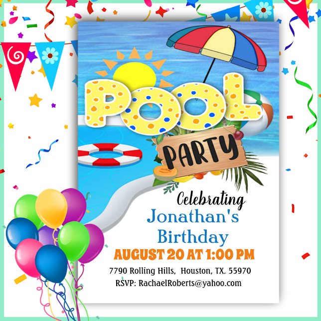 Typography  Summer Birthday Pool Party  Invitation (Creator Uploaded)
