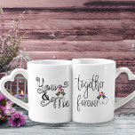 Typography Together Forever Love Birds His & Hers Coffee Mug Set<br><div class="desc">Trendy black and white typography reads "You & Me" one side of the mug and "Together Forever" on the other side. The design is decorated with kissing love birds and a little heart,  adding an adorable splash of colour.</div>