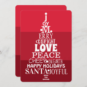 Typography Tree White On Berry Red Modern Holiday Card