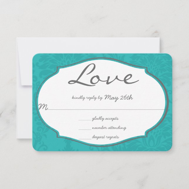 Typography Turquoise Blue Damask Wedding RSVP Card (Front)