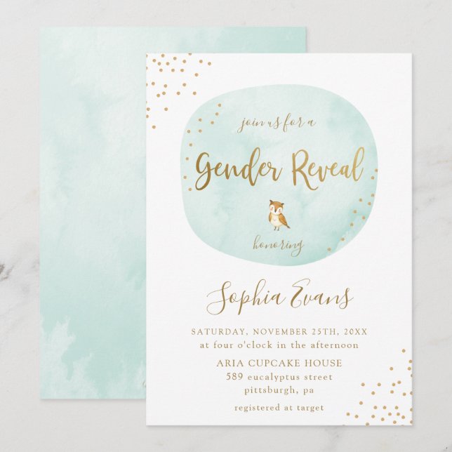 Typography Watercolor Gender Reveal Green Gold Invitation (Front/Back)