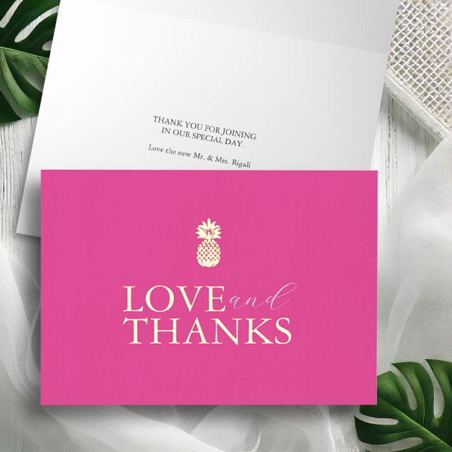 Typography Wedding Thank You Cards Vibrant Pink (Personalized folded thank you cards gold foil pineapple with vibrant pink simple design.)