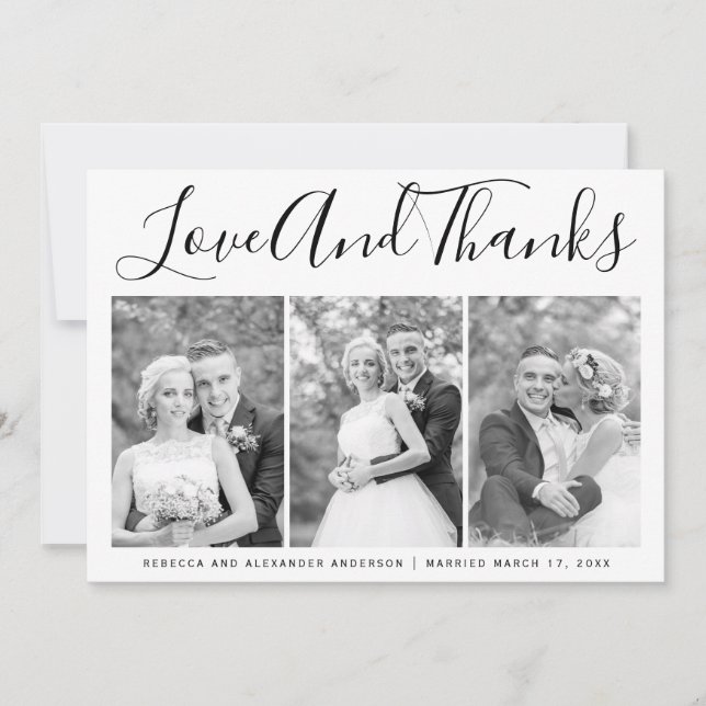 Typography wedding Thank You three photo collage Card (Front)