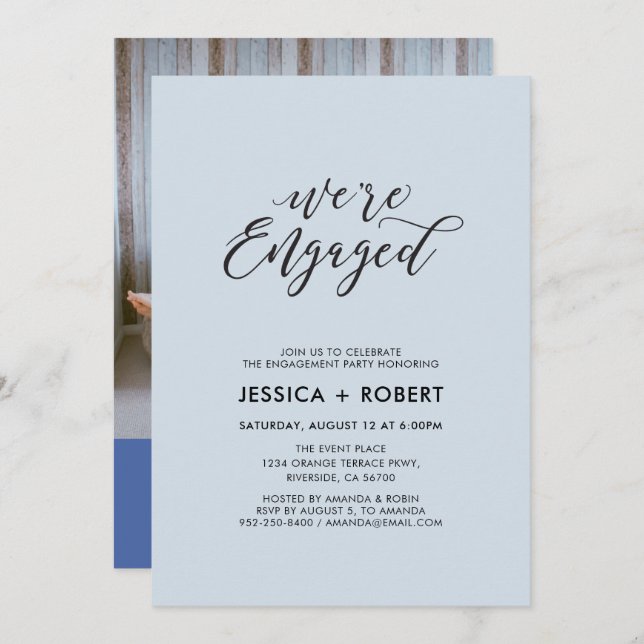 Typography "We're Engaged" Photo Engagement Party Invitation (Front/Back)