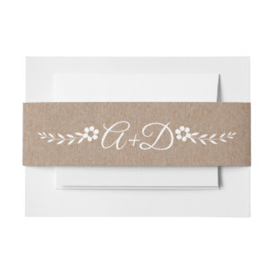 Typography, white flowers, initials rustic wedding invitation belly band