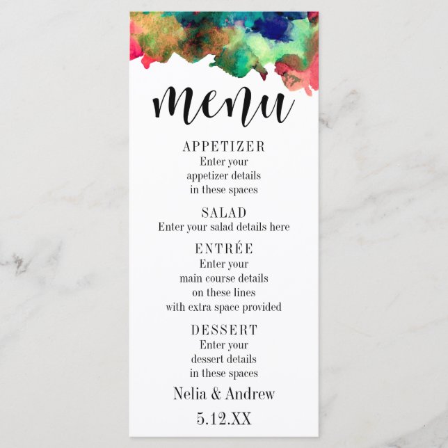 Typography with Colourful Watercolor Wedding Menu (Front)