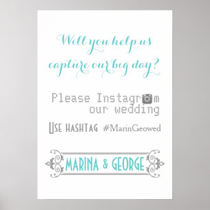 Typography with Instagram hashtag aqua wedding Poster