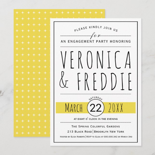 Typography yellow wedding engagement party invitation (Front/Back)